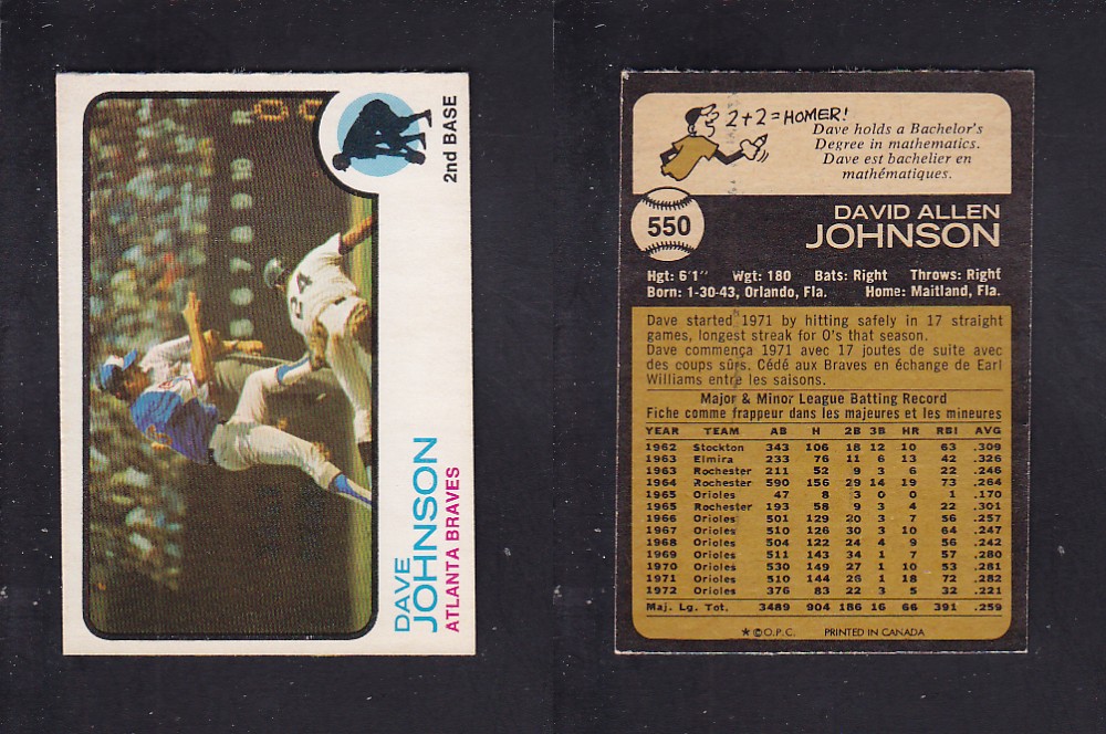 1973 O-PEE-CHEE BASEBALL CARD #550 D. JOHNSON photo 1973 O-PEE-CHEE BASEBALL CARD #550 D. JOHNSON photo