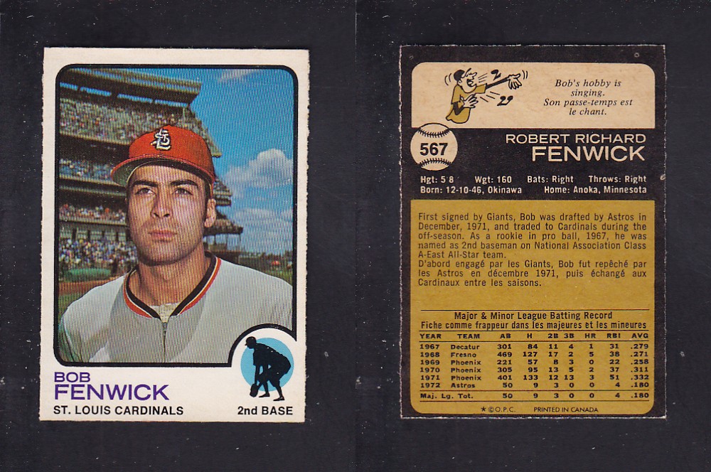 1973 O-PEE-CHEE BASEBALL CARD #567 B. FENWICK photo 1973 O-PEE-CHEE BASEBALL CARD #567 B. FENWICK photo