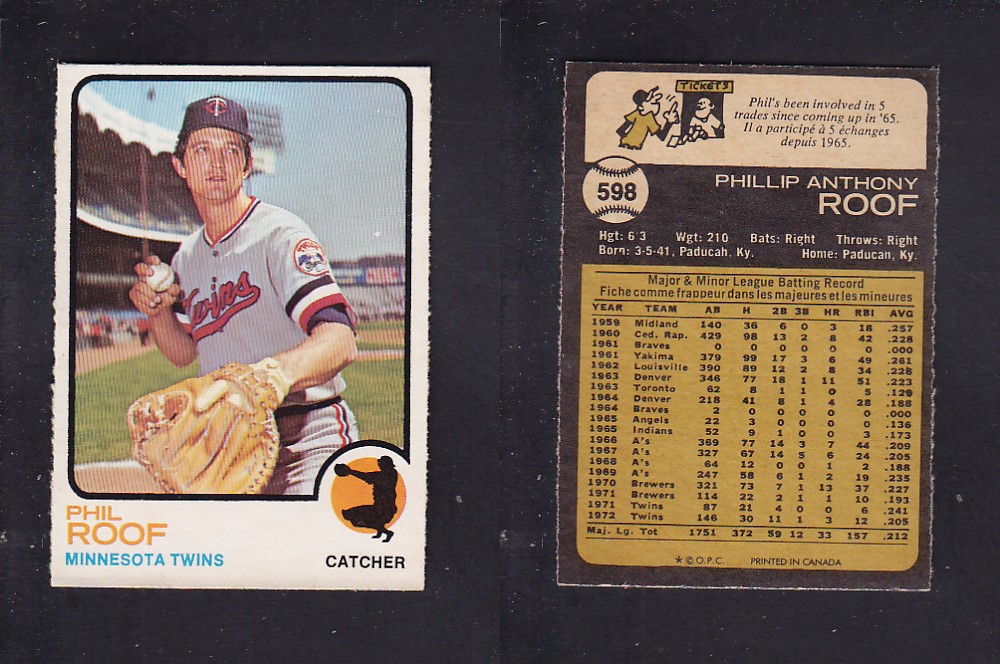 1973 O-PEE-CHEE BASEBALL CARD #598 P. ROOF photo 1973 O-PEE-CHEE BASEBALL CARD #598 P. ROOF photo