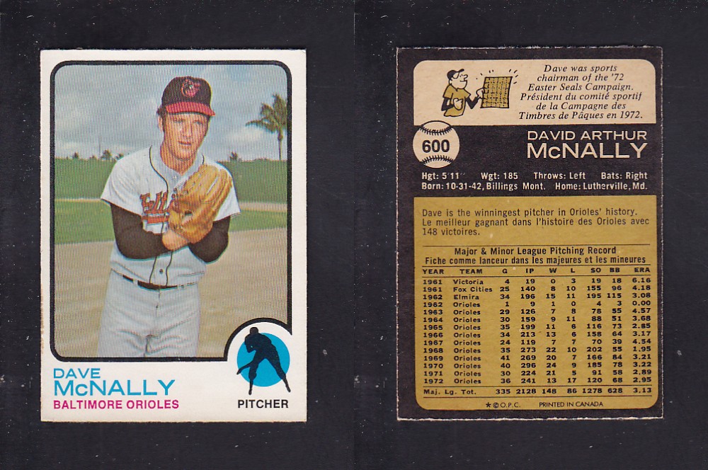 1973 O-PEE-CHEE BASEBALL CARD #600 D. McNALLY photo 1973 O-PEE-CHEE BASEBALL CARD #600 D. McNALLY photo