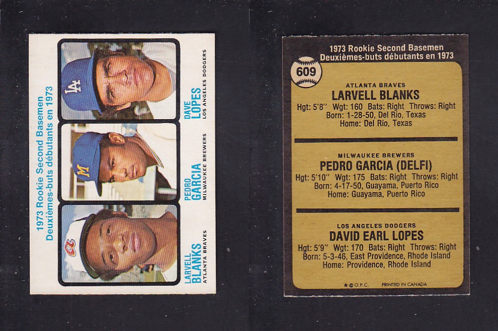 1973 O-PEE-CHEE BASEBALL CARD #609 ROOKIE SECOND BASEMEN L. BLANKS/ P. GARCIA/ D. LOPES photo 1973 O-PEE-CHEE BASEBALL CARD #609 ROOKIE SECOND BASEMEN L. BLANKS/ P. GARCIA/ D. LOPES photo