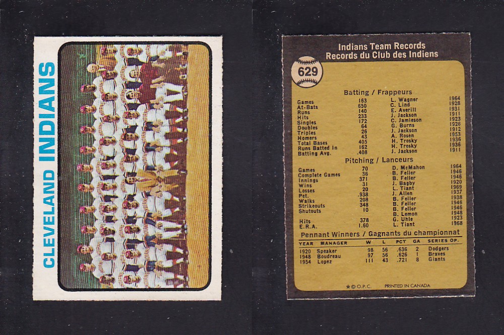 1973 O-PEE-CHEE BASEBALL CARD #629 CLEVELAND INDIANS photo 1973 O-PEE-CHEE BASEBALL CARD #629 CLEVELAND INDIANS photo