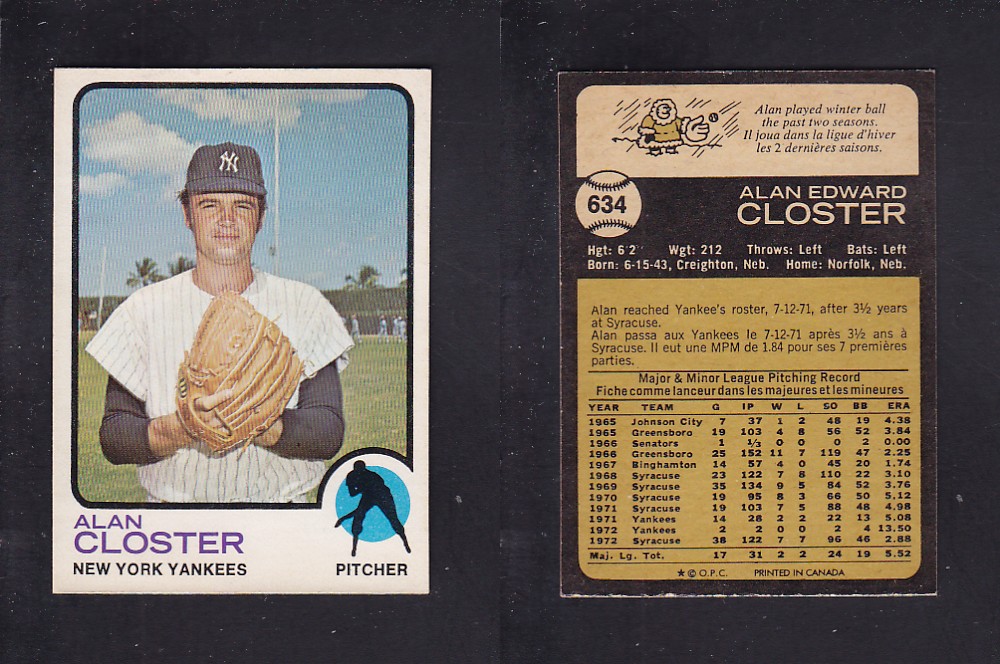 1973 O-PEE-CHEE BASEBALL CARD #634 A. CLOSTER photo 1973 O-PEE-CHEE BASEBALL CARD #634 A. CLOSTER photo