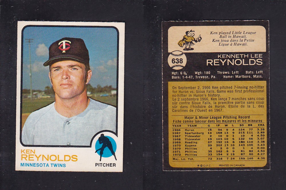 1973 O-PEE-CHEE BASEBALL CARD #638 K. REYNOLDS photo 1973 O-PEE-CHEE BASEBALL CARD #638 K. REYNOLDS photo
