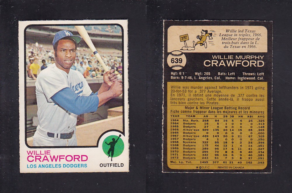1973 O-PEE-CHEE BASEBALL CARD #639 W. CRAWFORD photo 1973 O-PEE-CHEE BASEBALL CARD #639 W. CRAWFORD photo