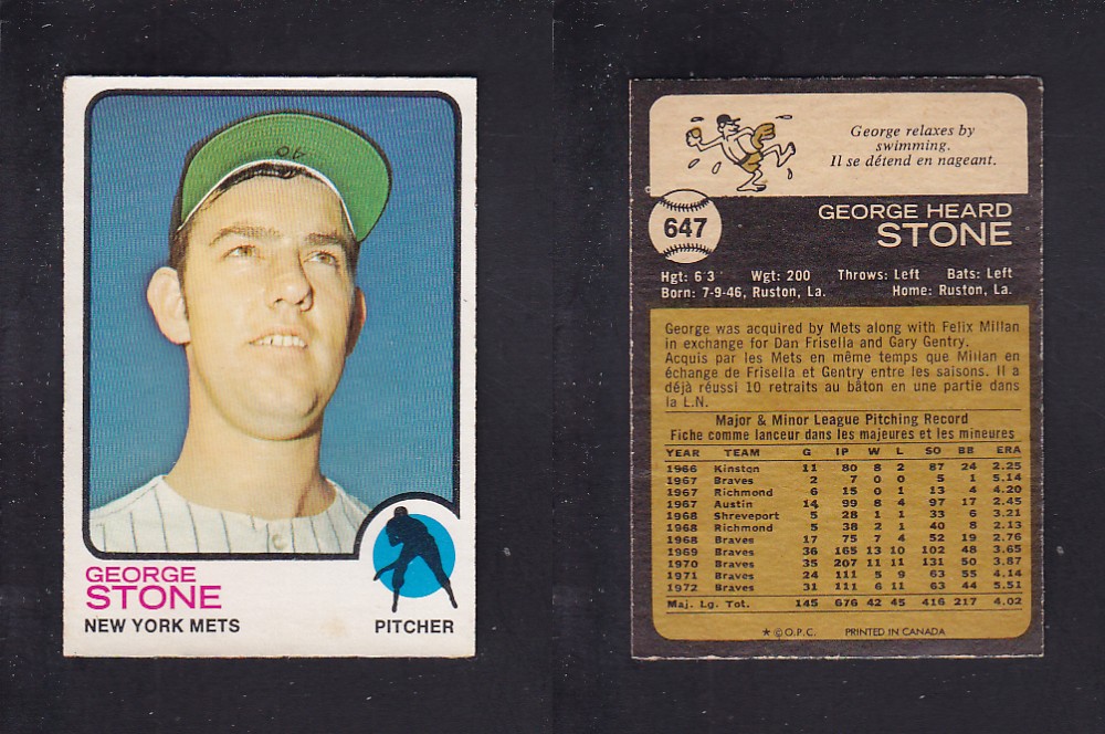 1973 O-PEE-CHEE BASEBALL CARD #647 G. STONE photo 1973 O-PEE-CHEE BASEBALL CARD #647 G. STONE photo