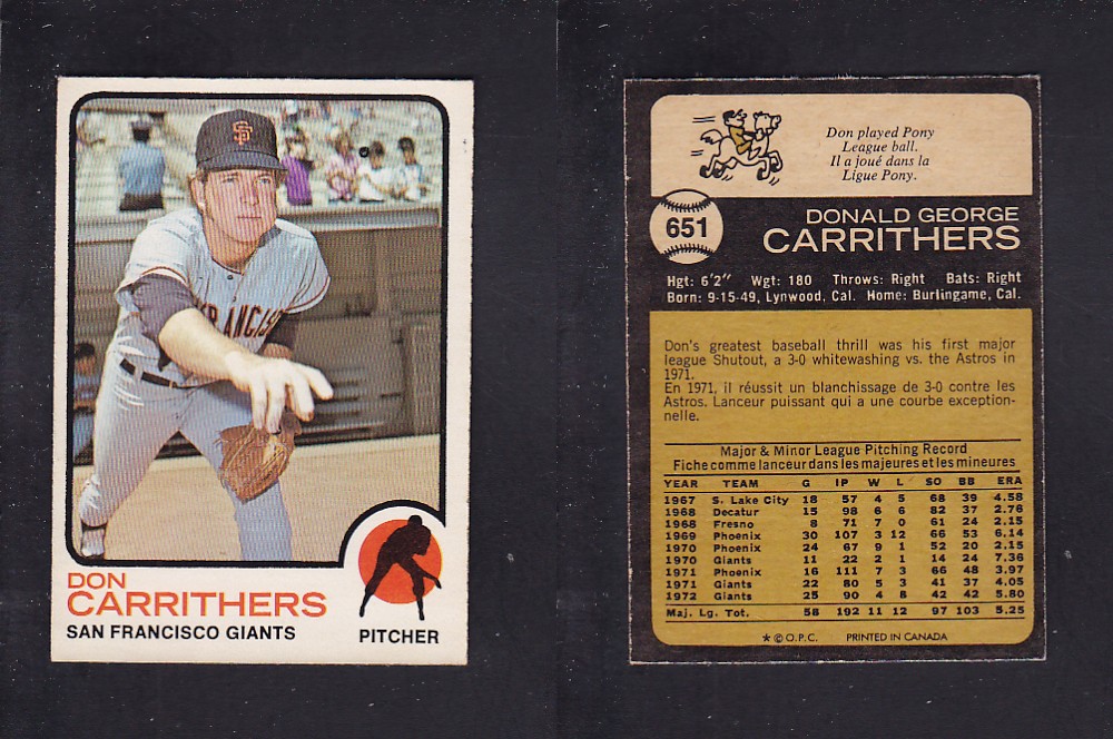 1973 O-PEE-CHEE BASEBALL CARD #651 D. CARRITHERS photo 1973 O-PEE-CHEE BASEBALL CARD #651 D. CARRITHERS photo
