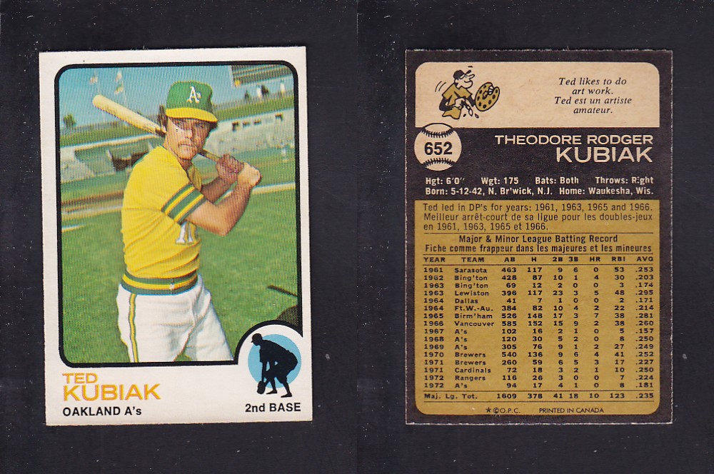 1973 O-PEE-CHEE BASEBALL CARD #652 T. KUBIAK photo 1973 O-PEE-CHEE BASEBALL CARD #652 T. KUBIAK photo