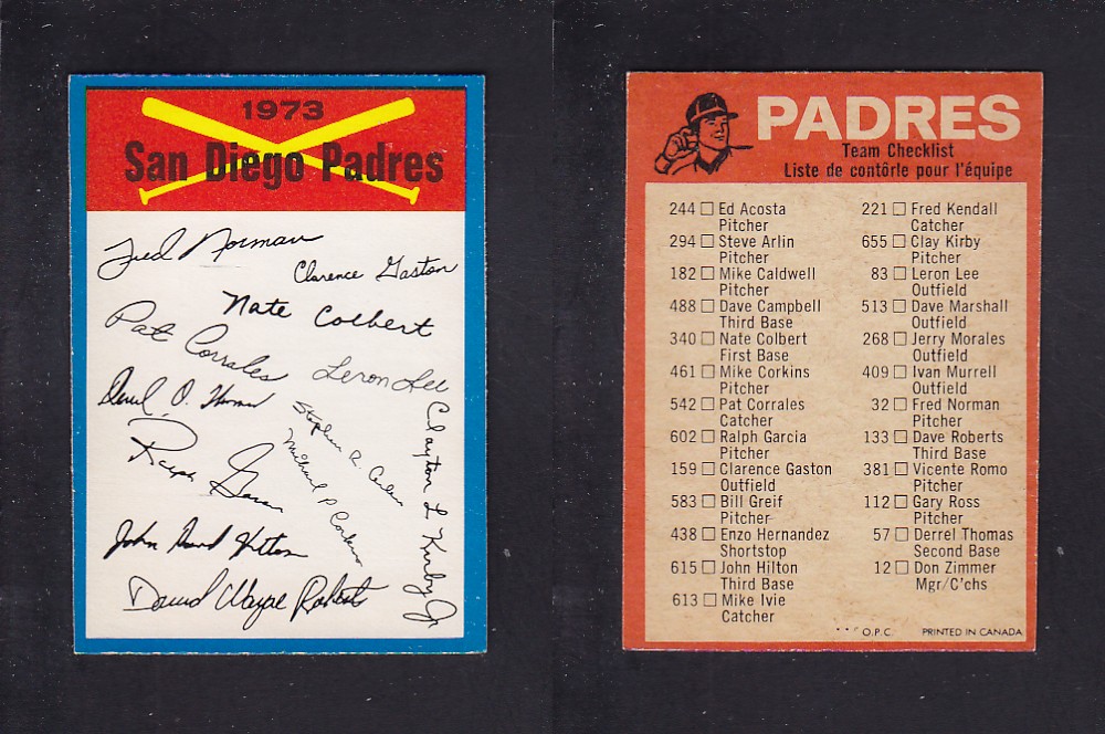 1973 O-PEE-CHEE BASEBALL CARD TEAM CHECKLISTS SAN DIEGO PADRES photo 1973 O-PEE-CHEE BASEBALL CARD TEAM CHECKLISTS SAN DIEGO PADRES photo