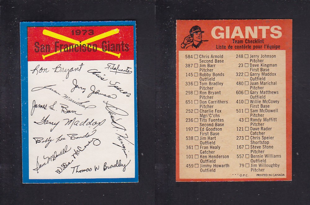 1973 O-PEE-CHEE BASEBALL CARD TEAM CHECKLISTS SAN FRANCISCO GIANTS photo 1973 O-PEE-CHEE BASEBALL CARD TEAM CHECKLISTS SAN FRANCISCO GIANTS photo