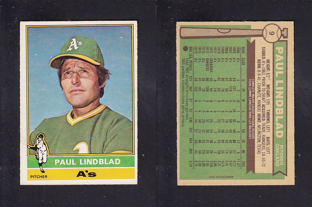 1976 O-PEE-CHEE BASEBALL CARD #9 P. LINDBLAD photo