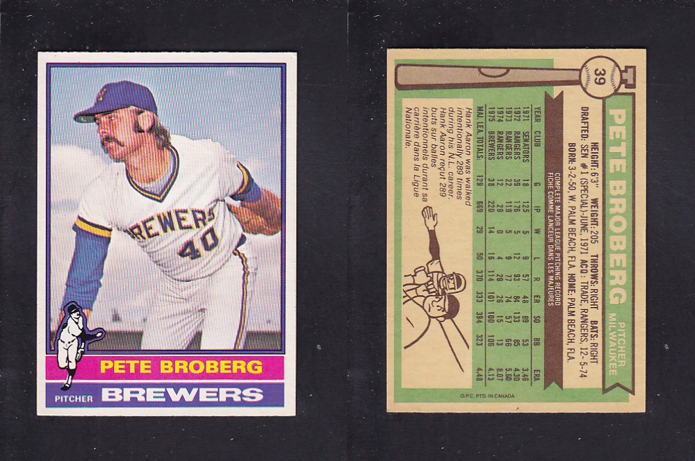 1976 O-PEE-CHEE BASEBALL CARD #39 P. BROBERG photo 1976 O-PEE-CHEE BASEBALL CARD #39 P. BROBERG photo