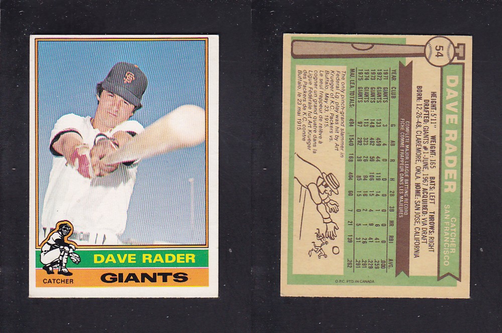 1976 O-PEE-CHEE BASEBALL CARD #54 D. RADER photo 1976 O-PEE-CHEE BASEBALL CARD #54 D. RADER photo