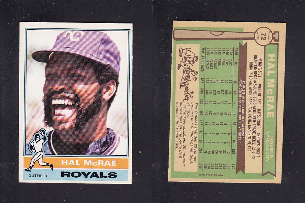 1976 O-PEE-CHEE BASEBALL CARD #72 H. McRAE photo