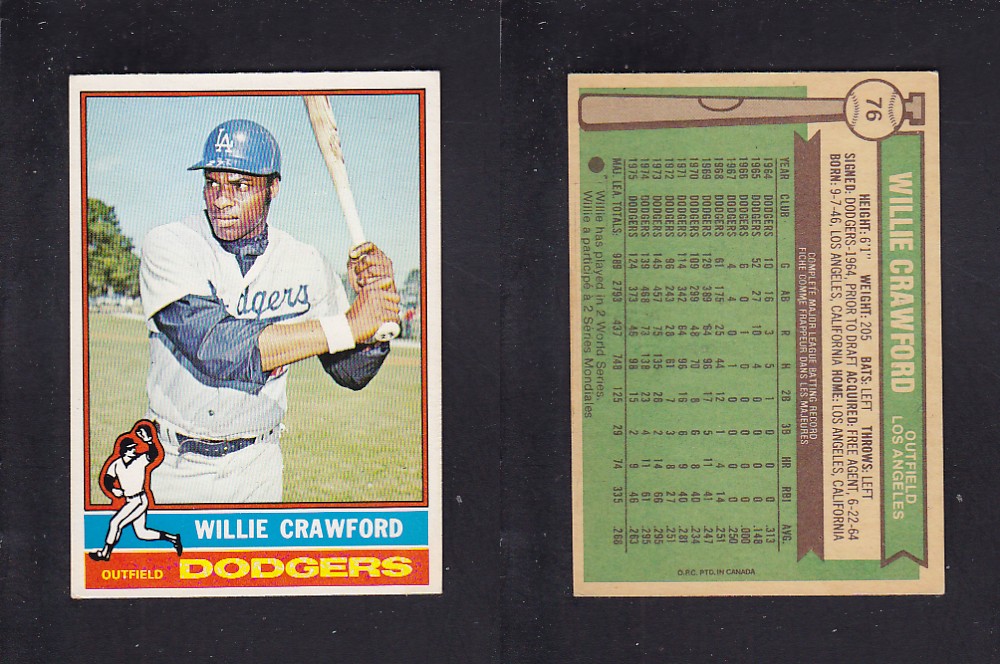 1976 O-PEE-CHEE BASEBALL CARD #76 W. CRAWFORD photo 1976 O-PEE-CHEE BASEBALL CARD #76 W. CRAWFORD photo