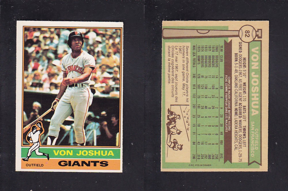 1976 O-PEE-CHEE BASEBALL CARD #82 V. JOSHUA photo