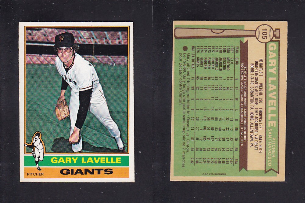 1976 O-PEE-CHEE BASEBALL CARD #105 G. LAVELLE photo