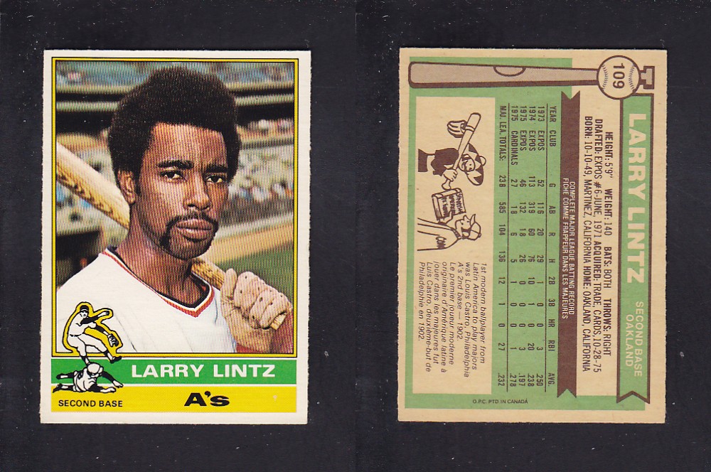 1976 O-PEE-CHEE BASEBALL CARD #109 L. LINTZ photo 1976 O-PEE-CHEE BASEBALL CARD #109 L. LINTZ photo