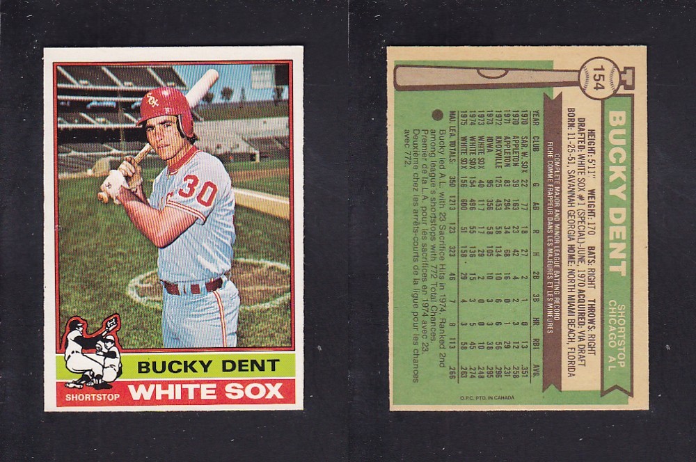 1976 O-PEE-CHEE BASEBALL CARD #154 B. DENT photo 1976 O-PEE-CHEE BASEBALL CARD #154 B. DENT photo