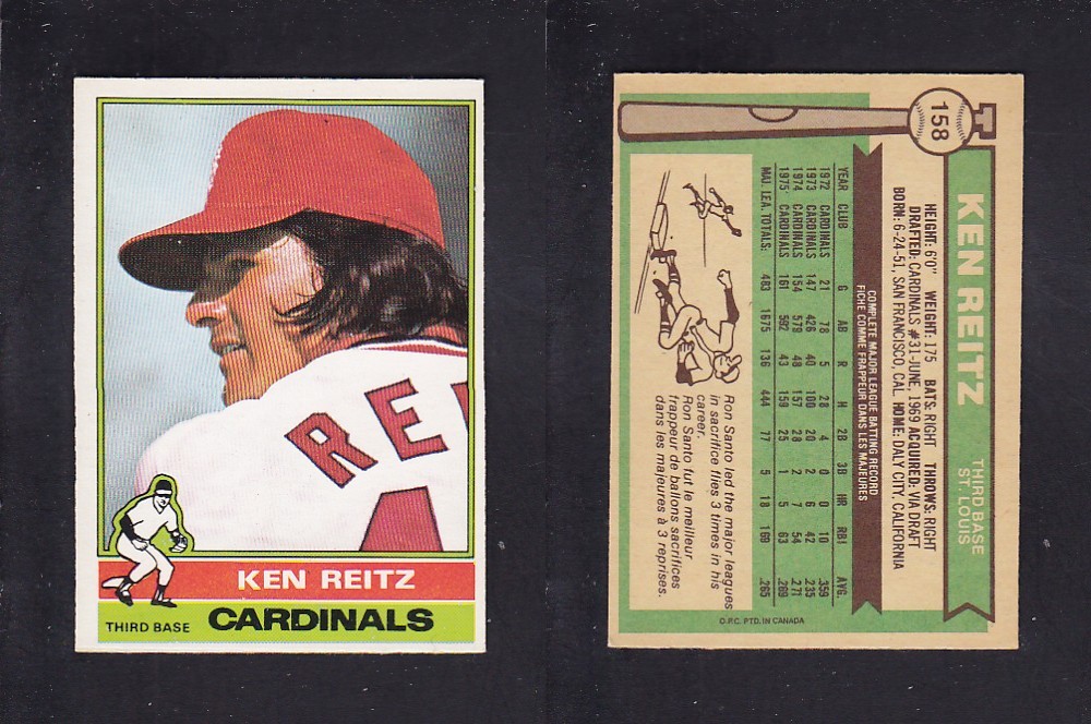 1976 O-PEE-CHEE BASEBALL CARD #158 K. REITZ photo 1976 O-PEE-CHEE BASEBALL CARD #158 K. REITZ photo