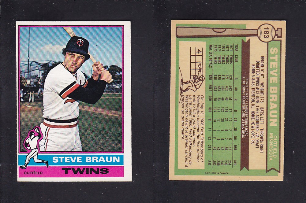 1976 O-PEE-CHEE BASEBALL CARD #183 S. BRAUN photo 1976 O-PEE-CHEE BASEBALL CARD #183 S. BRAUN photo