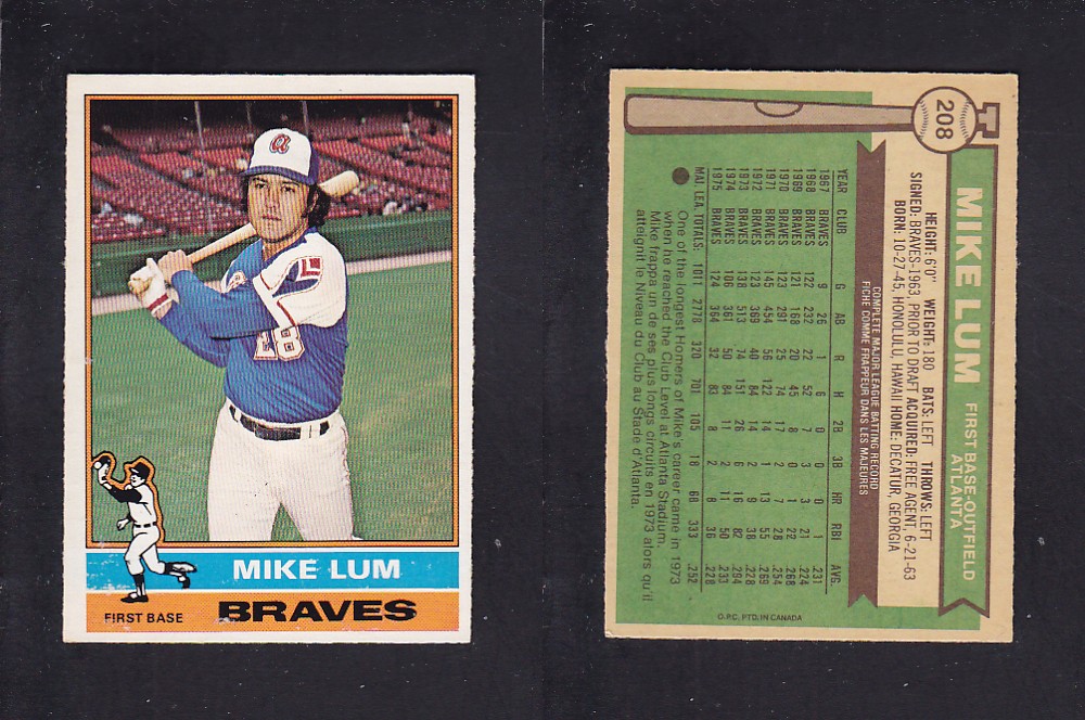 1976 O-PEE-CHEE BASEBALL CARD #208 M. LUM photo 1976 O-PEE-CHEE BASEBALL CARD #208 M. LUM photo