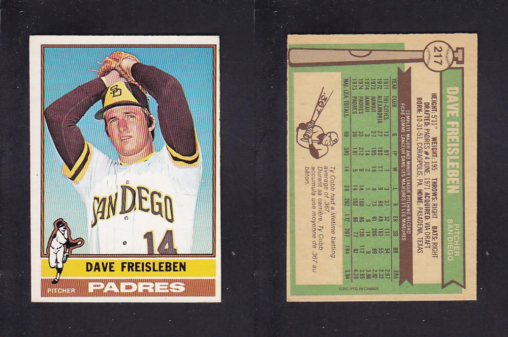 1976 O-PEE-CHEE BASEBALL CARD #217 D. FREISLEBEN photo 1976 O-PEE-CHEE BASEBALL CARD #217 D. FREISLEBEN photo