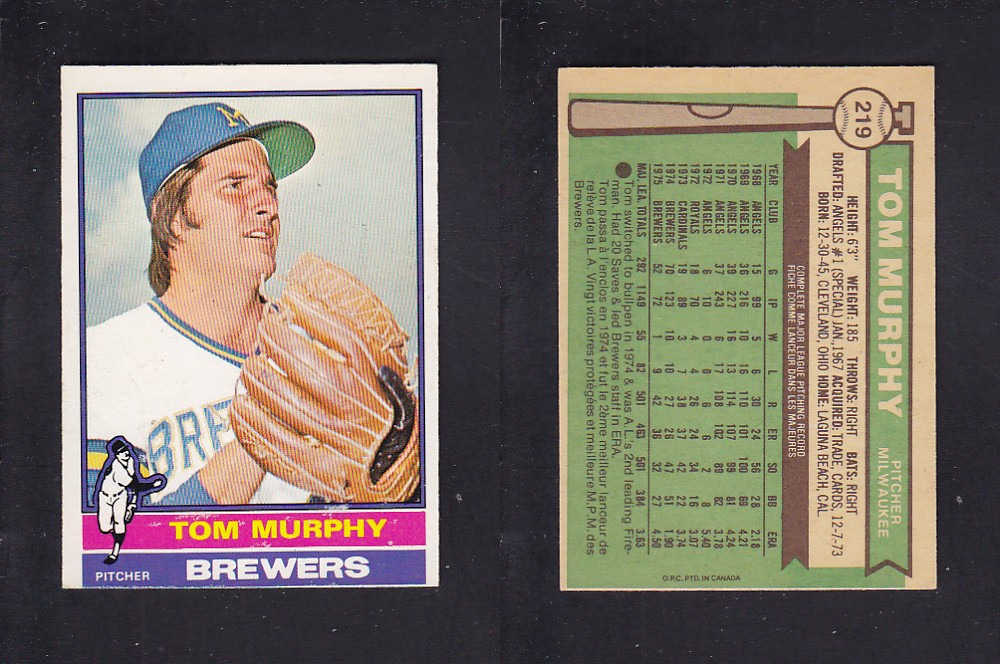 1976 O-PEE-CHEE BASEBALL CARD #219 T. MURPHY photo 1976 O-PEE-CHEE BASEBALL CARD #219 T. MURPHY photo