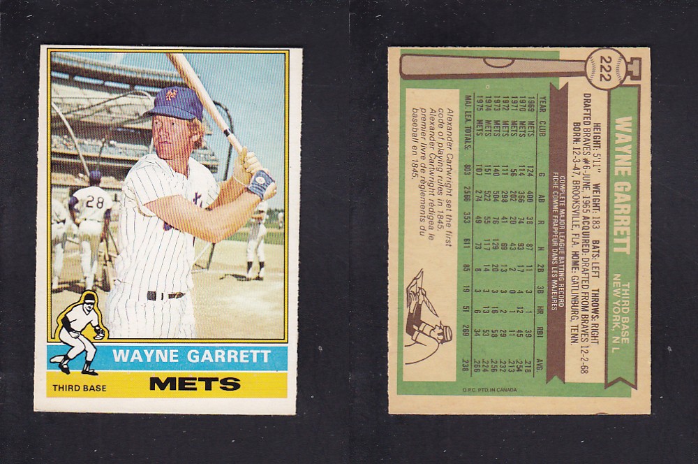 1976 O-PEE-CHEE BASEBALL CARD #222 W. GARRETT photo 1976 O-PEE-CHEE BASEBALL CARD #222 W. GARRETT photo