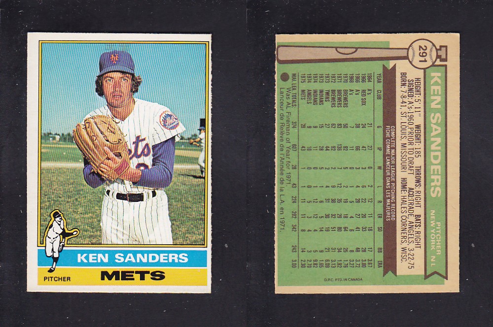 1976 O-PEE-CHEE BASEBALL CARD #291 K. SANDERS photo 1976 O-PEE-CHEE BASEBALL CARD #291 K. SANDERS photo