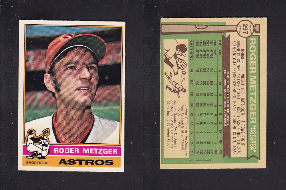 1976 O-PEE-CHEE BASEBALL CARD #297 R. METZGER photo 1976 O-PEE-CHEE BASEBALL CARD #297 R. METZGER photo