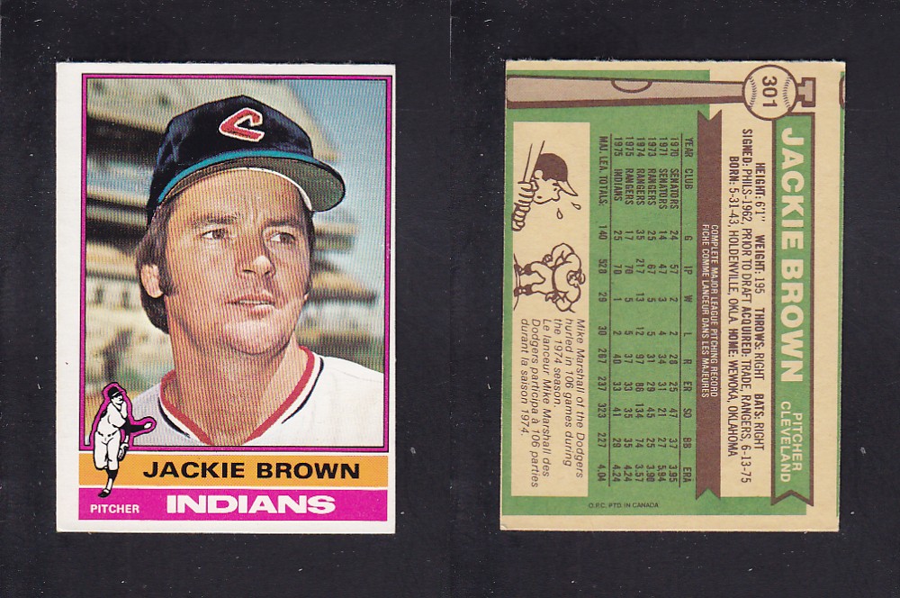 1976 O-PEE-CHEE BASEBALL CARD #301 J. BROWN photo 1976 O-PEE-CHEE BASEBALL CARD #301 J. BROWN photo