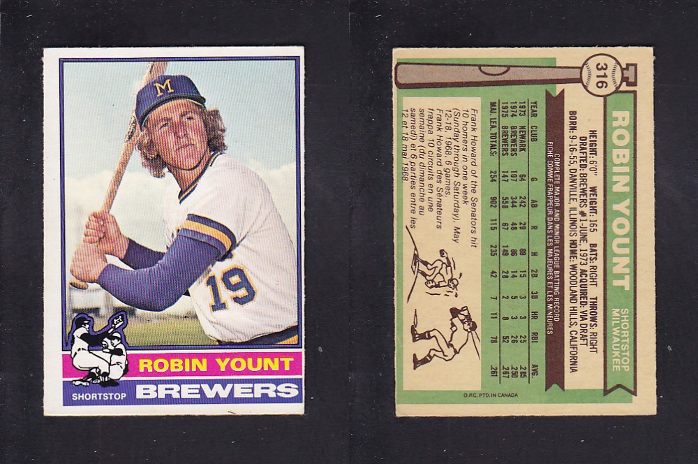1976 O-PEE-CHEE BASEBALL CARD #316 R. YOUNT photo