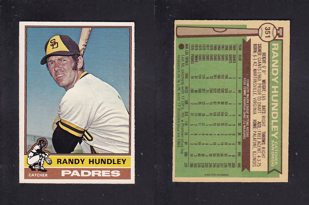 1976 O-PEE-CHEE BASEBALL CARD #351 R. HUNDLEY photo 1976 O-PEE-CHEE BASEBALL CARD #351 R. HUNDLEY photo