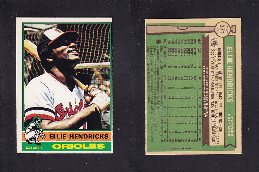 1976 O-PEE-CHEE BASEBALL CARD #371 E. HENDRICKS photo 1976 O-PEE-CHEE BASEBALL CARD #371 E. HENDRICKS photo