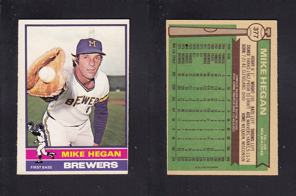 1976 O-PEE-CHEE BASEBALL CARD #377 M. HEGAN photo 1976 O-PEE-CHEE BASEBALL CARD #377 M. HEGAN photo