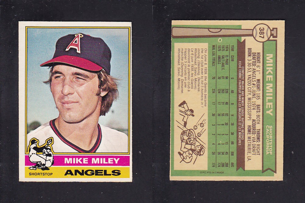 1976 O-PEE-CHEE BASEBALL CARD #387 M. MILEY photo 1976 O-PEE-CHEE BASEBALL CARD #387 M. MILEY photo