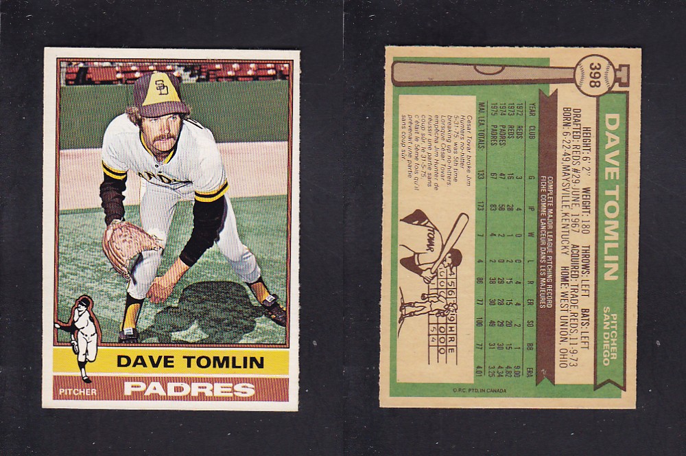 1976 O-PEE-CHEE BASEBALL CARD #398 D. TOMLIN photo 1976 O-PEE-CHEE BASEBALL CARD #398 D. TOMLIN photo