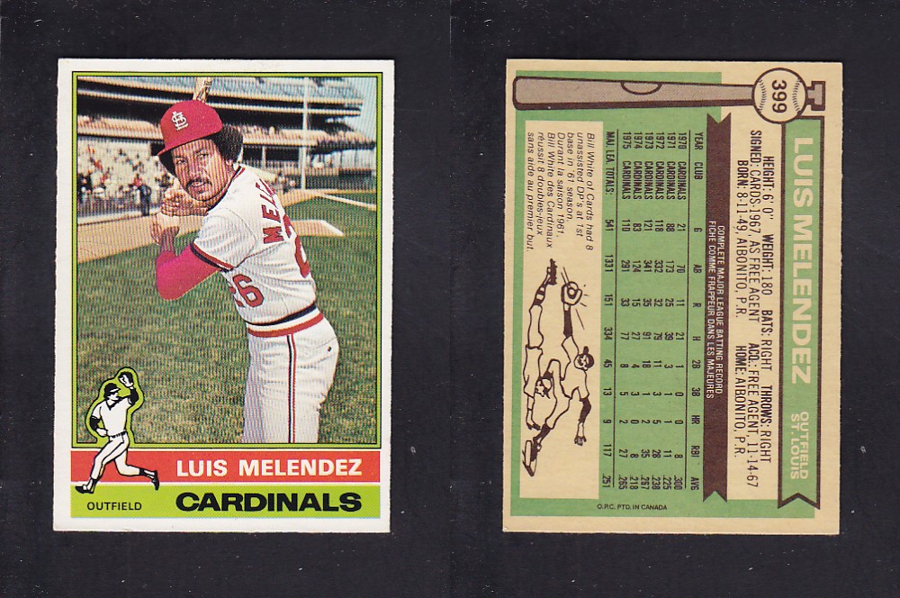1976 O-PEE-CHEE BASEBALL CARD #399 L. MELENDEZ photo 1976 O-PEE-CHEE BASEBALL CARD #399 L. MELENDEZ photo