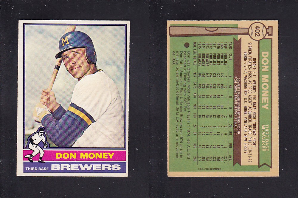 1976 O-PEE-CHEE BASEBALL CARD #402 D. MONEY photo 1976 O-PEE-CHEE BASEBALL CARD #402 D. MONEY photo