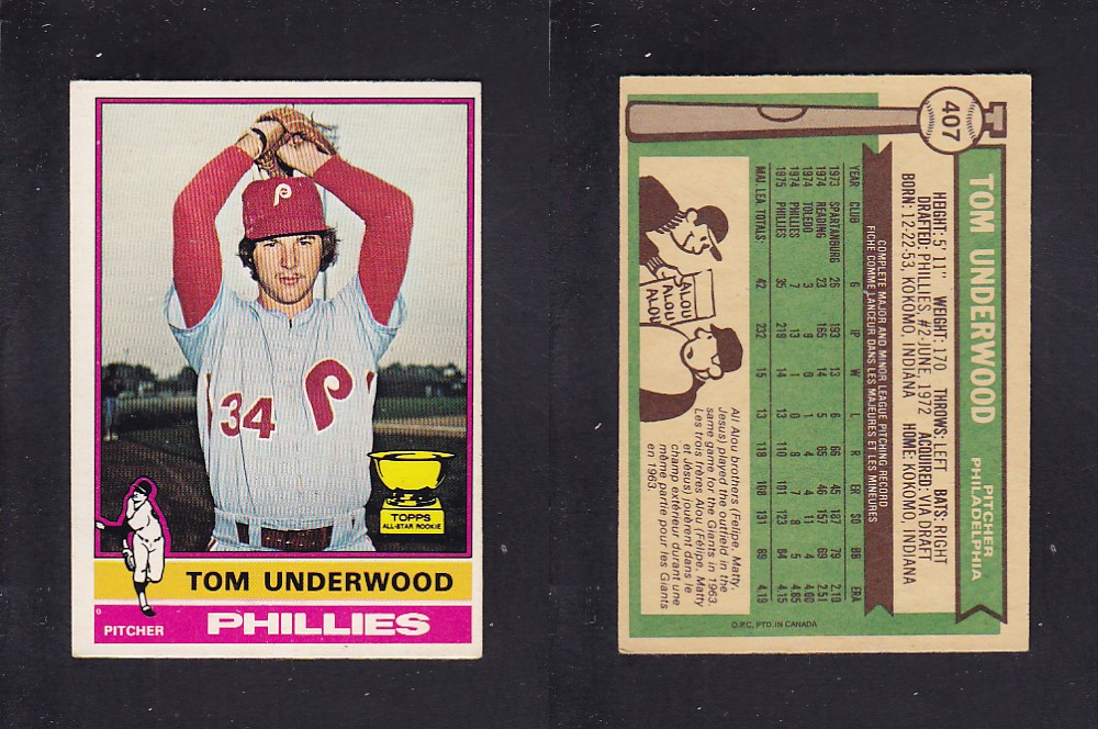 1976 O-PEE-CHEE BASEBALL CARD #407 T. UNDERWOOD photo 1976 O-PEE-CHEE BASEBALL CARD #407 T. UNDERWOOD photo