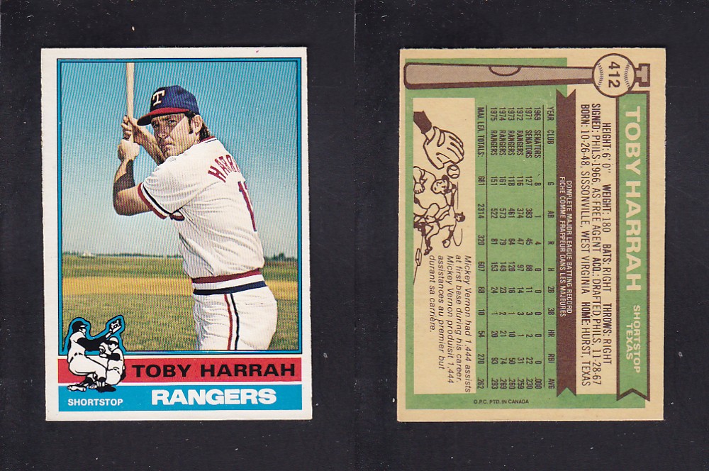 1976 O-PEE-CHEE BASEBALL CARD #412 T. HARRAH photo 1976 O-PEE-CHEE BASEBALL CARD #412 T. HARRAH photo