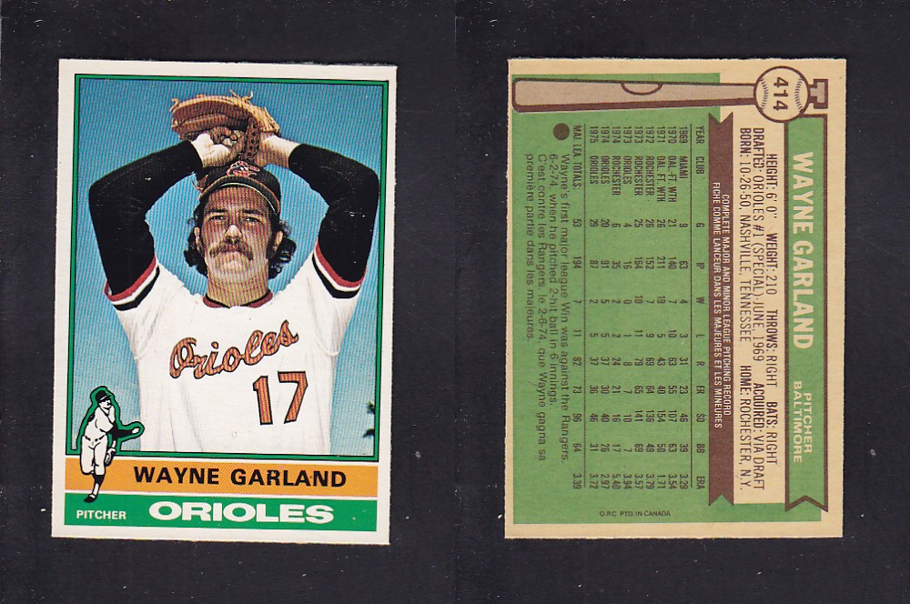 1976 O-PEE-CHEE BASEBALL CARD #414 W. GARLAND photo 1976 O-PEE-CHEE BASEBALL CARD #414 W. GARLAND photo