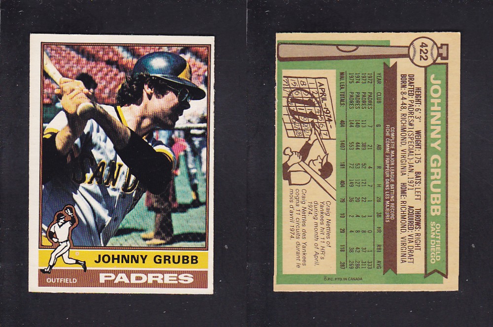 1976 O-PEE-CHEE BASEBALL CARD #422 J. GRUBB photo 1976 O-PEE-CHEE BASEBALL CARD #422 J. GRUBB photo