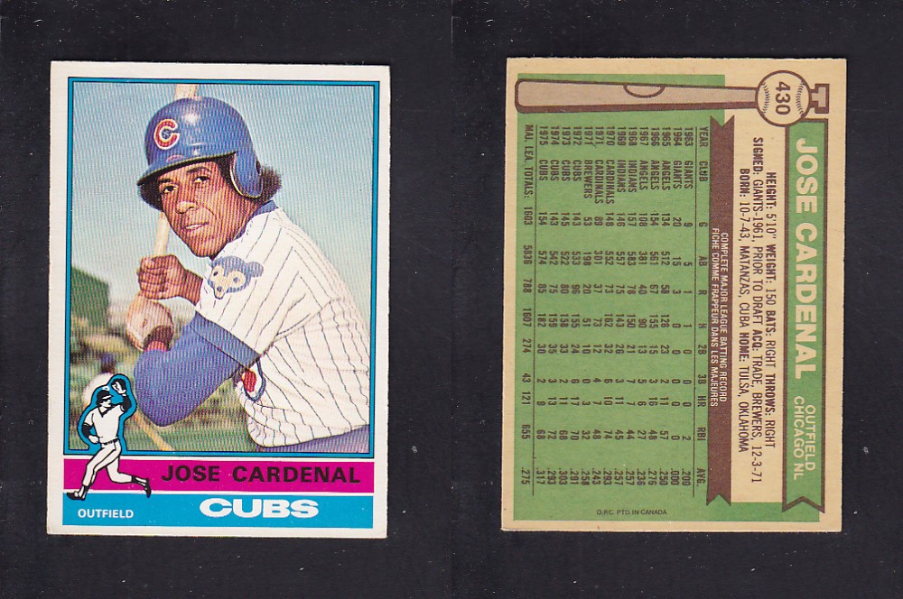1976 O-PEE-CHEE BASEBALL CARD #430 J. CARDENAL photo 1976 O-PEE-CHEE BASEBALL CARD #430 J. CARDENAL photo