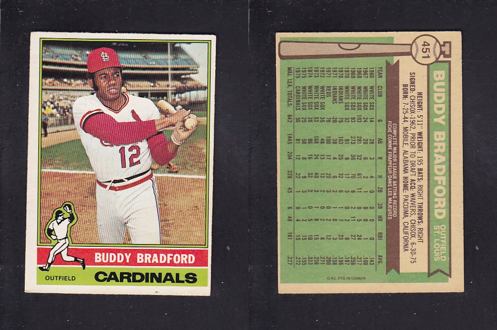 1976 O-PEE-CHEE BASEBALL CARD #451 B. BRADFORD photo 1976 O-PEE-CHEE BASEBALL CARD #451 B. BRADFORD photo