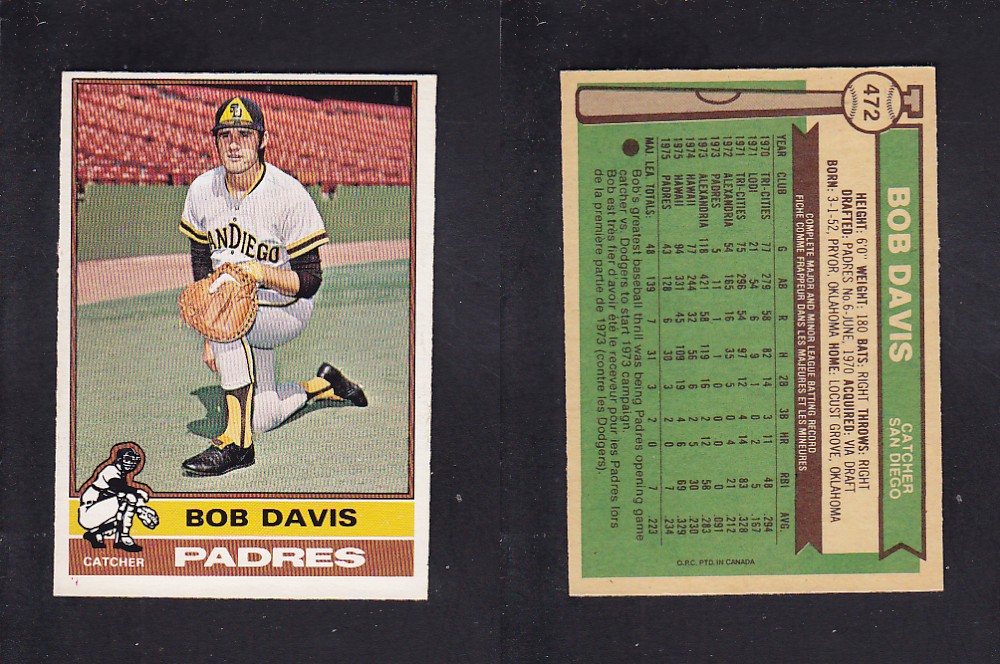 1976 O-PEE-CHEE BASEBALL CARD #472 B. DAVIS photo