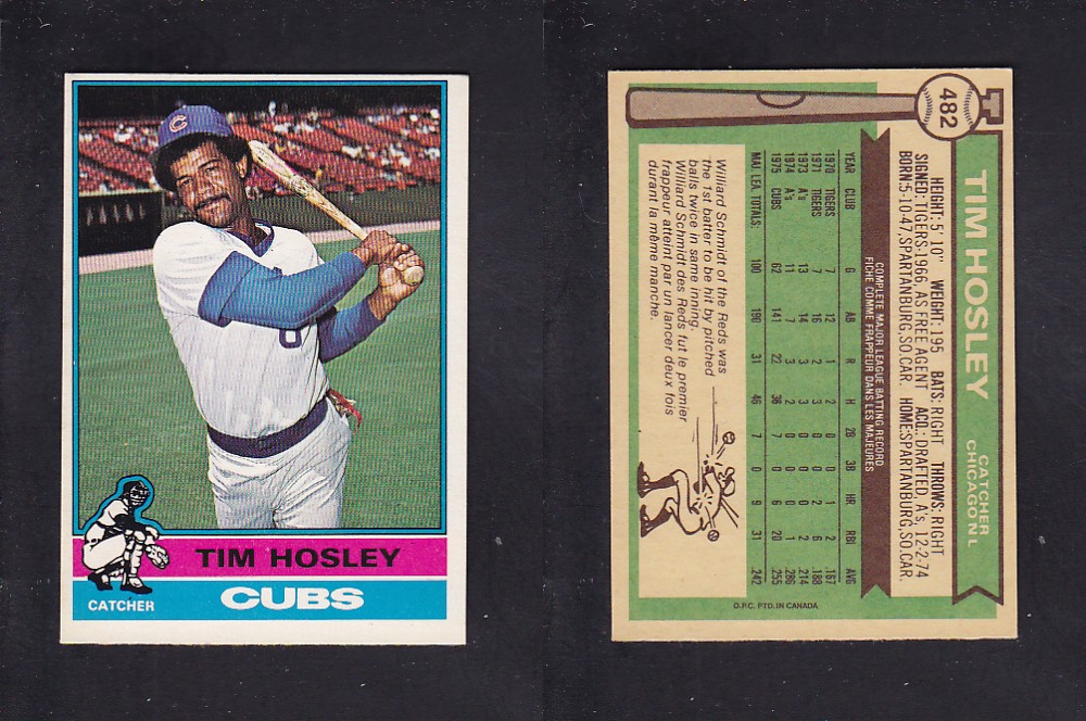 1976 O-PEE-CHEE BASEBALL CARD #482 T. HOSLEY photo 1976 O-PEE-CHEE BASEBALL CARD #482 T. HOSLEY photo