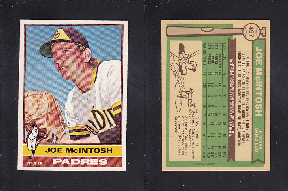 1976 O-PEE-CHEE BASEBALL CARD #497 J. McINTOSH photo 1976 O-PEE-CHEE BASEBALL CARD #497 J. McINTOSH photo