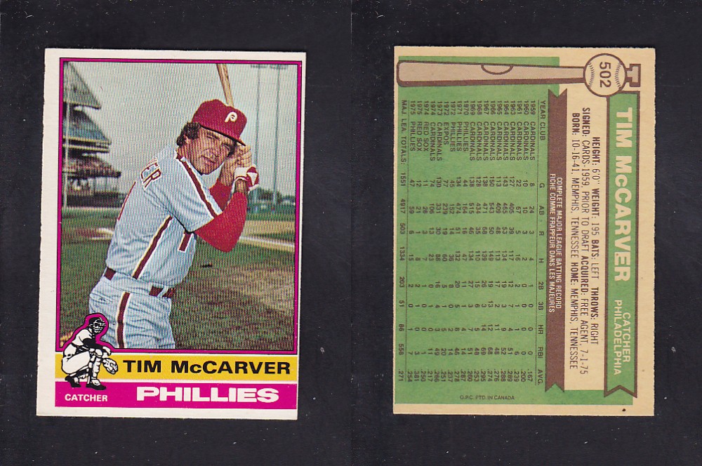 1976 O-PEE-CHEE BASEBALL CARD #502 T. McCARVER photo 1976 O-PEE-CHEE BASEBALL CARD #502 T. McCARVER photo